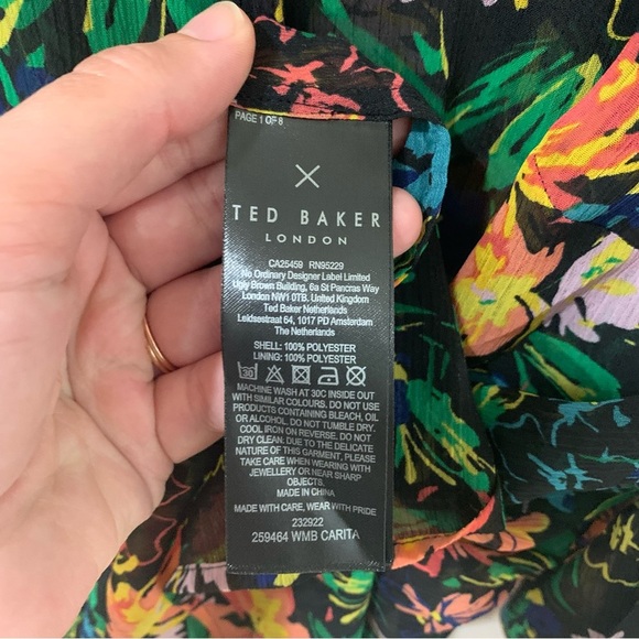 TED BAKER Abstract Floral Print Carita Ruffle Semi Sheer Shirt Blouse Top Sz 4 - Picture 7 of 11